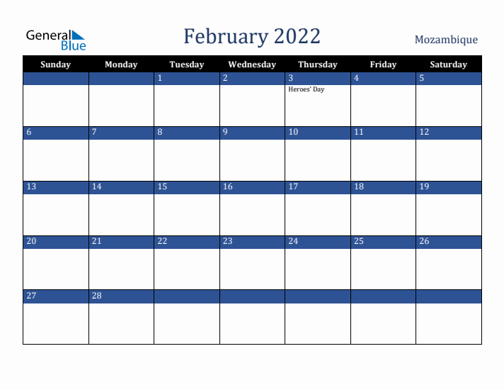 February 2022 Mozambique Calendar (Sunday Start)