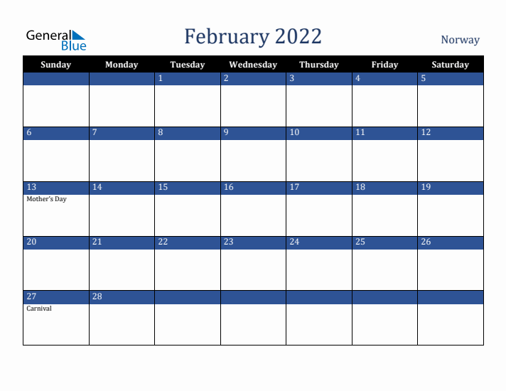 February 2022 Norway Calendar (Sunday Start)
