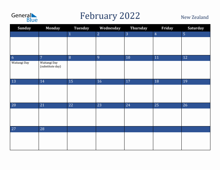 February 2022 New Zealand Calendar (Sunday Start)