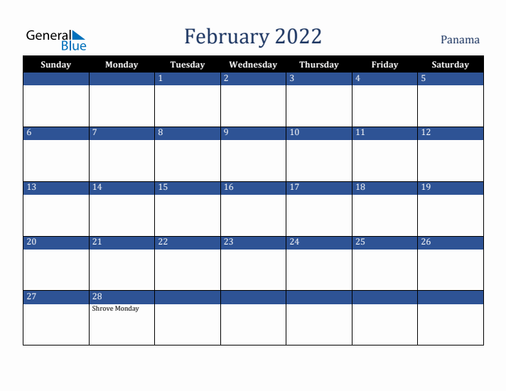 February 2022 Panama Calendar (Sunday Start)