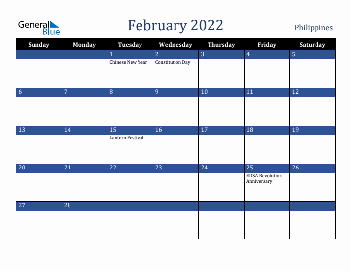 February 2022 Philippines Calendar (Sunday Start)