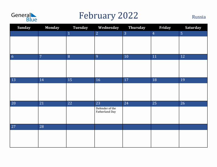 February 2022 Russia Calendar (Sunday Start)