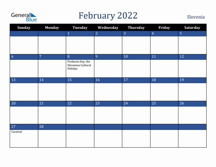 February 2022 Slovenia Calendar (Sunday Start)