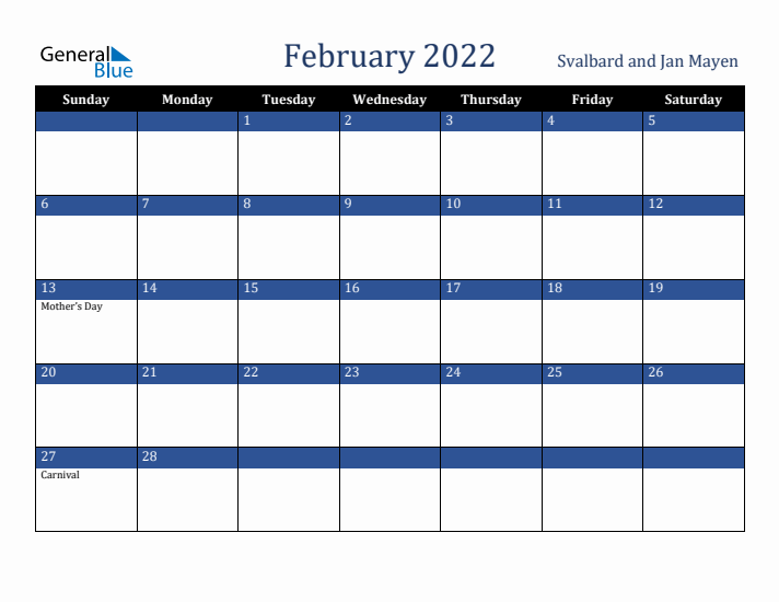 February 2022 Svalbard and Jan Mayen Calendar (Sunday Start)