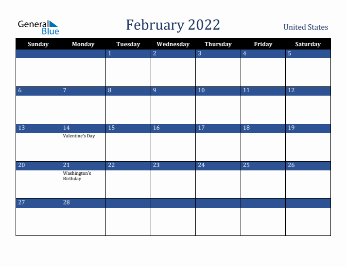 February 2022 United States Calendar (Sunday Start)