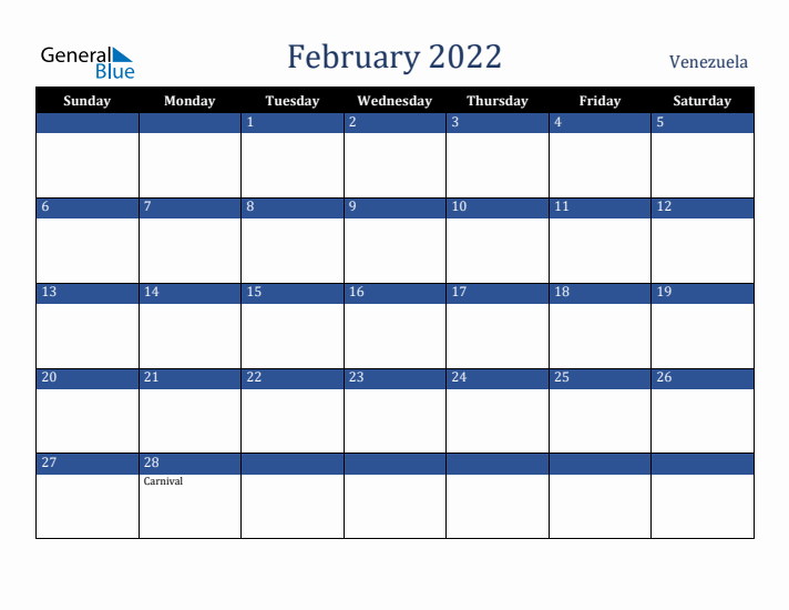 February 2022 Venezuela Calendar (Sunday Start)