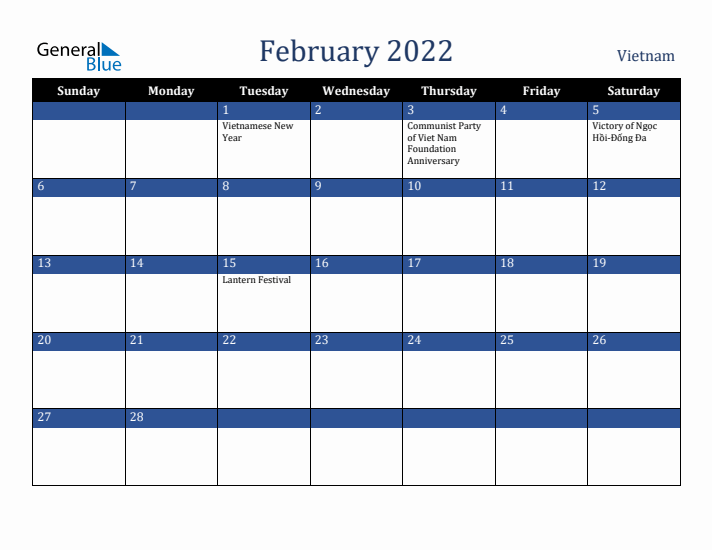 February 2022 Vietnam Calendar (Sunday Start)