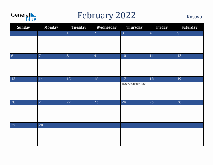 February 2022 Kosovo Calendar (Sunday Start)