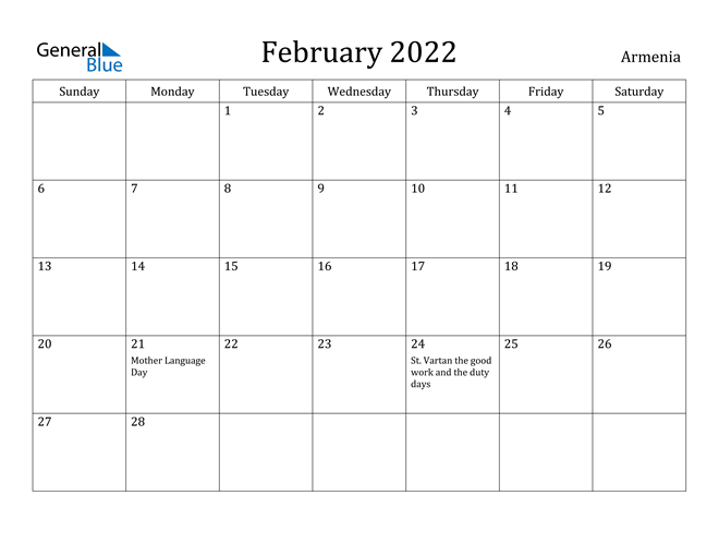 armenia february 2022 calendar with holidays