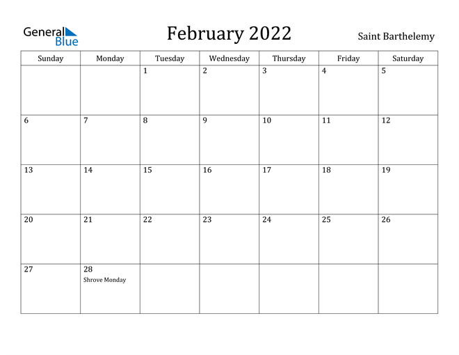 february 2022 calendar saint barthelemy