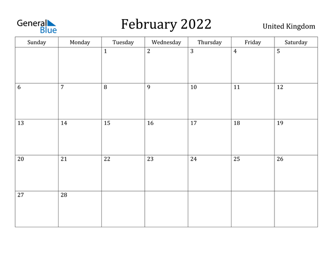 Feb 2022 Calendar Printable United Kingdom February 2022 Calendar With Holidays