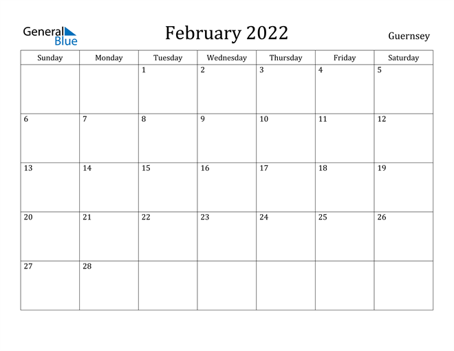 February 2022 Calendar Guernsey