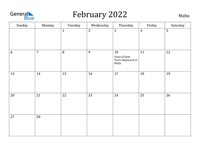 February 2022 Calendar Malta