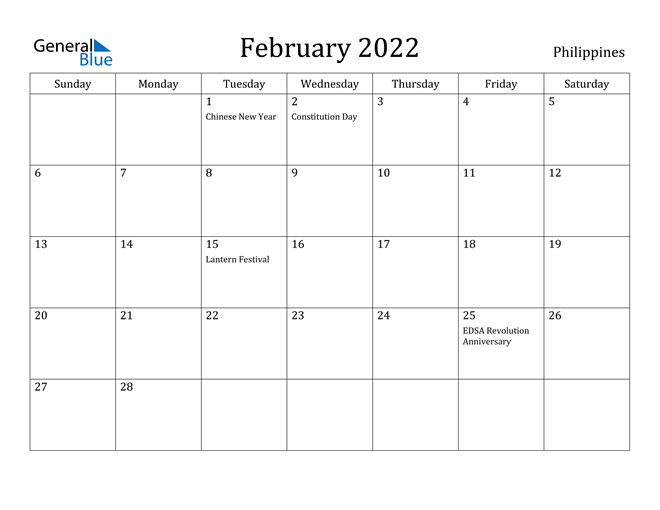 2022 Calendar Feb.Philippines February 2022 Calendar With Holidays