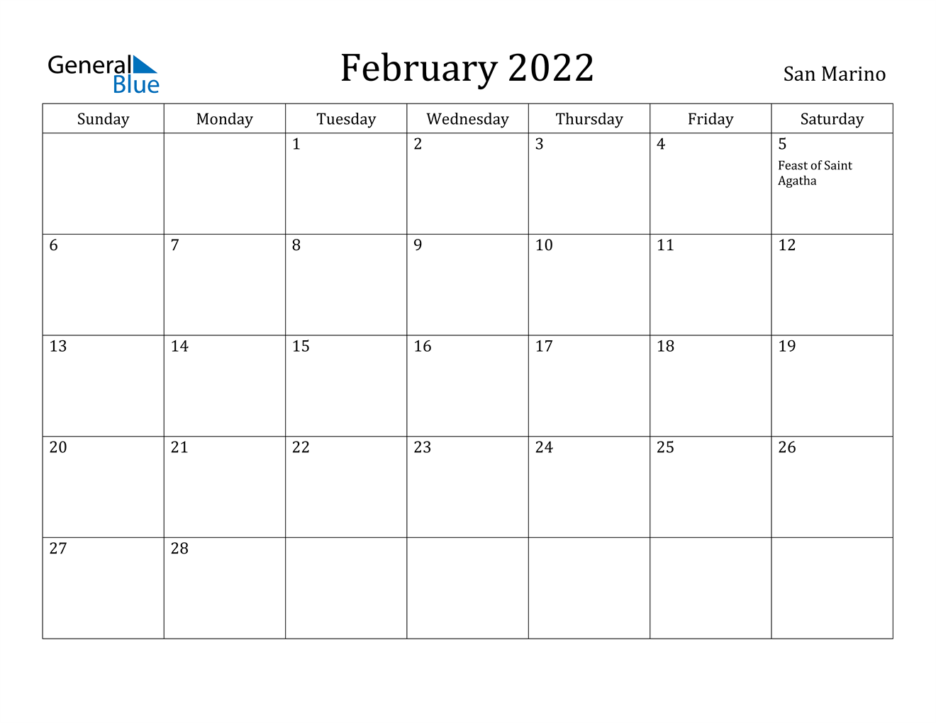 february 2022 calendar san marino