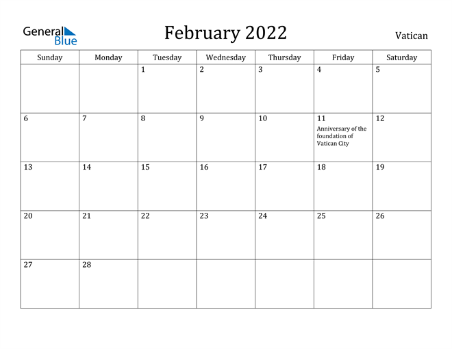 February 2022 Calendar Vatican