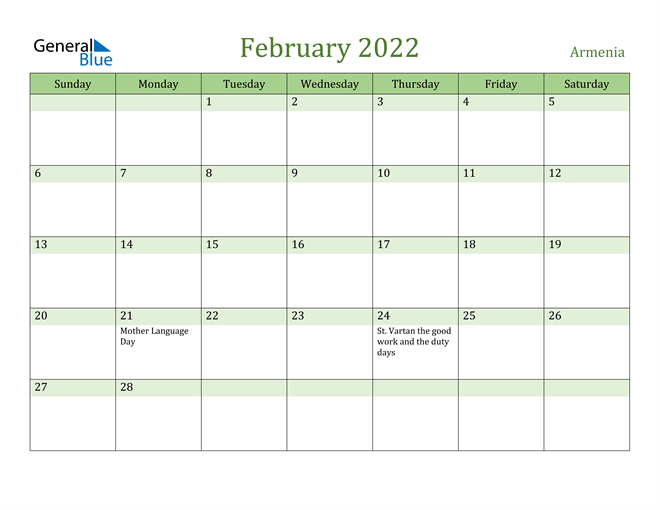 February 2022 Calendar with Armenia Holidays