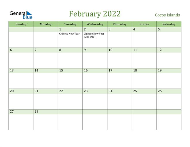 February 2022 Calendar with Cocos Islands Holidays