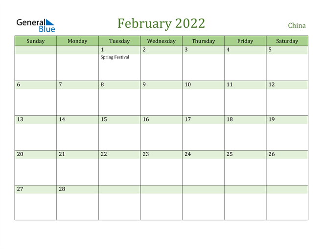 February 2022 Calendar with China Holidays