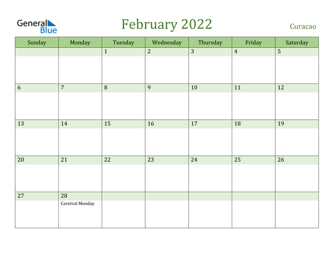 February 2022 Calendar with Curacao Holidays