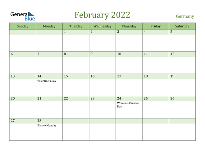 February 2022 Calendar with Germany Holidays