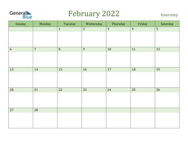 February 2022 Calendar with Guernsey Holidays