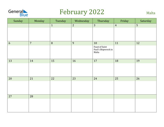 February 2022 Calendar with Malta Holidays