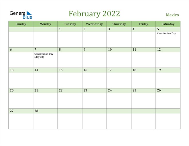 February 2022 Calendar with Mexico Holidays