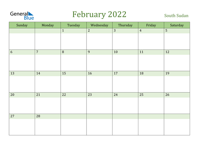 February 2022 Calendar with South Sudan Holidays