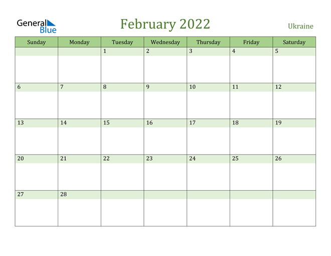 February 2022 Calendar with Ukraine Holidays