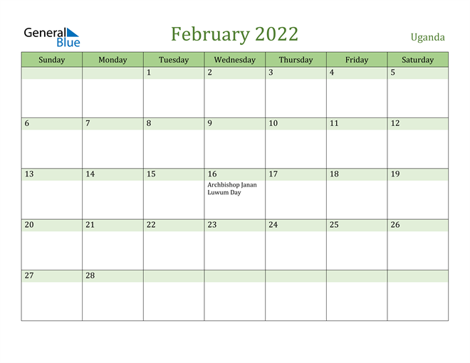 February 2022 Calendar with Uganda Holidays