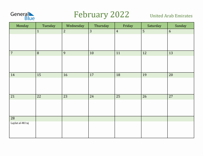 February 2022 Calendar with United Arab Emirates Holidays