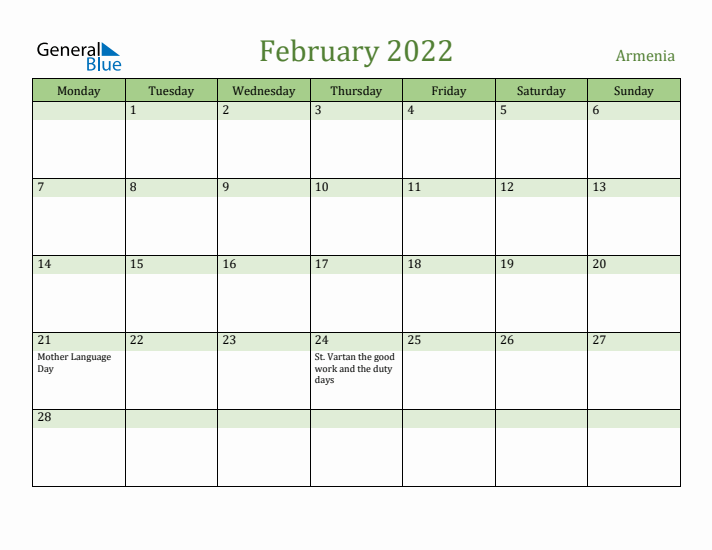 February 2022 Calendar with Armenia Holidays
