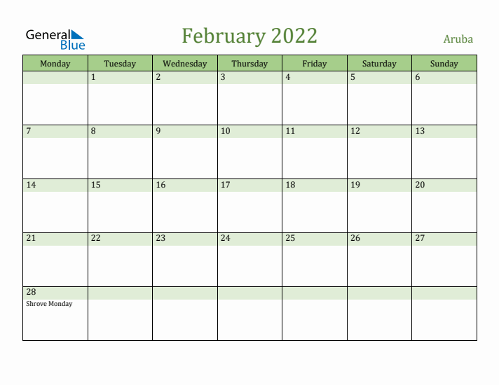 February 2022 Calendar with Aruba Holidays