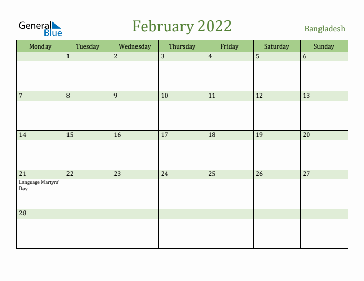 February 2022 Calendar with Bangladesh Holidays