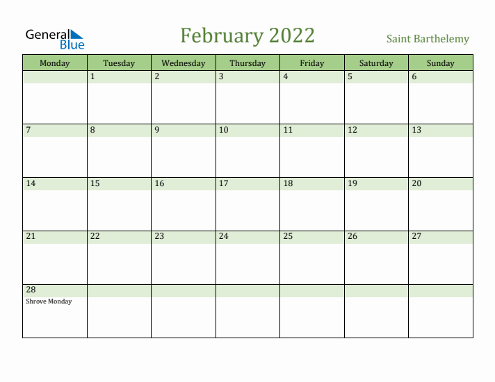 February 2022 Calendar with Saint Barthelemy Holidays