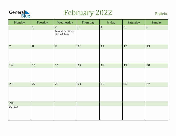 February 2022 Calendar with Bolivia Holidays