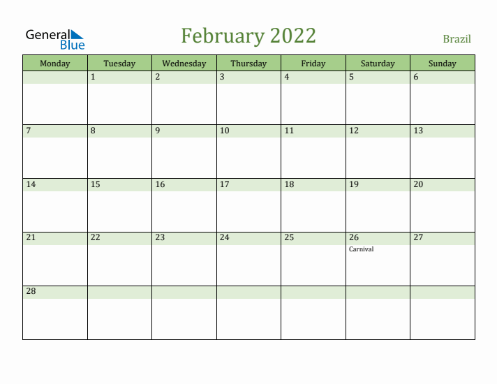 February 2022 Calendar with Brazil Holidays
