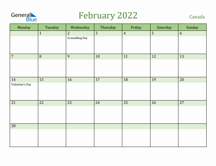 February 2022 Calendar with Canada Holidays
