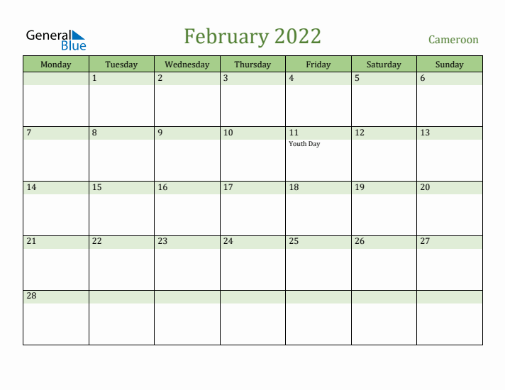 February 2022 Calendar with Cameroon Holidays