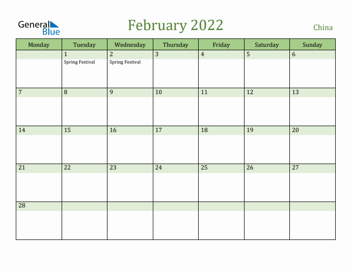 February 2022 Calendar with China Holidays