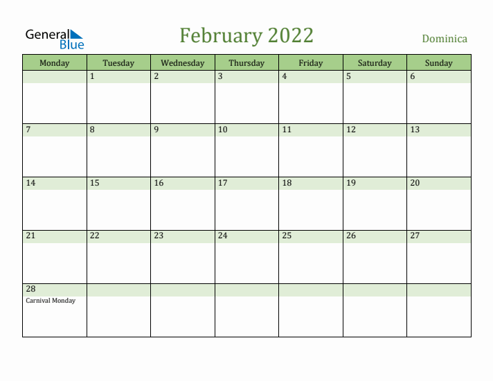 February 2022 Calendar with Dominica Holidays