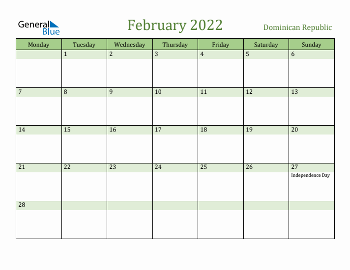 February 2022 Calendar with Dominican Republic Holidays