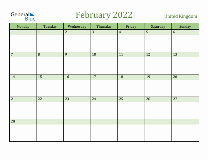 February 2022 Calendar with United Kingdom Holidays