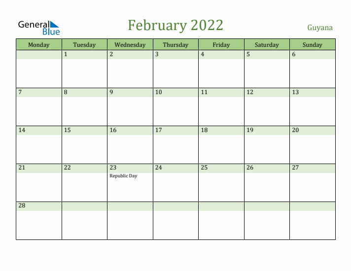 February 2022 Calendar with Guyana Holidays