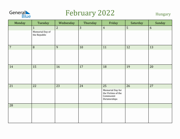 February 2022 Calendar with Hungary Holidays