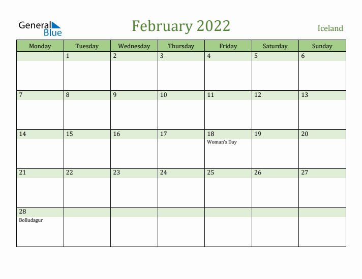 February 2022 Calendar with Iceland Holidays
