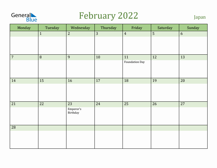 February 2022 Calendar with Japan Holidays
