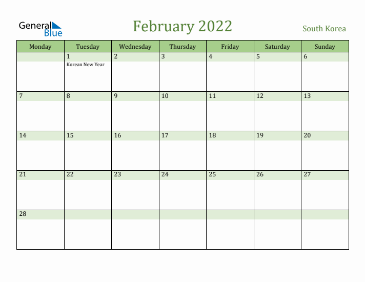 February 2022 Calendar with South Korea Holidays
