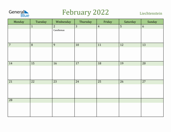 February 2022 Calendar with Liechtenstein Holidays